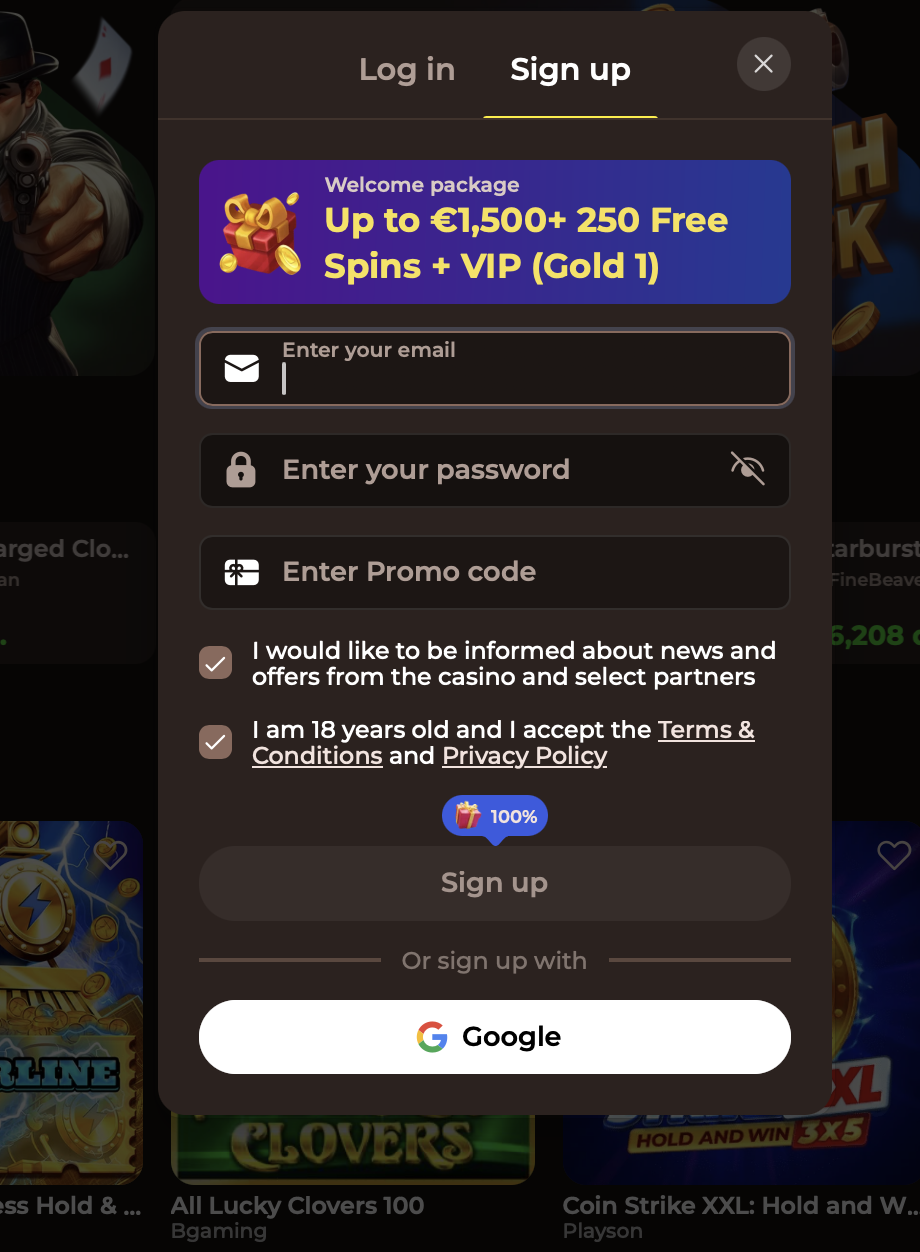 Roulettino Casino – Registrierung und Login Registrierungsformular im Roulettino Online Casino mit Willkommenspaket