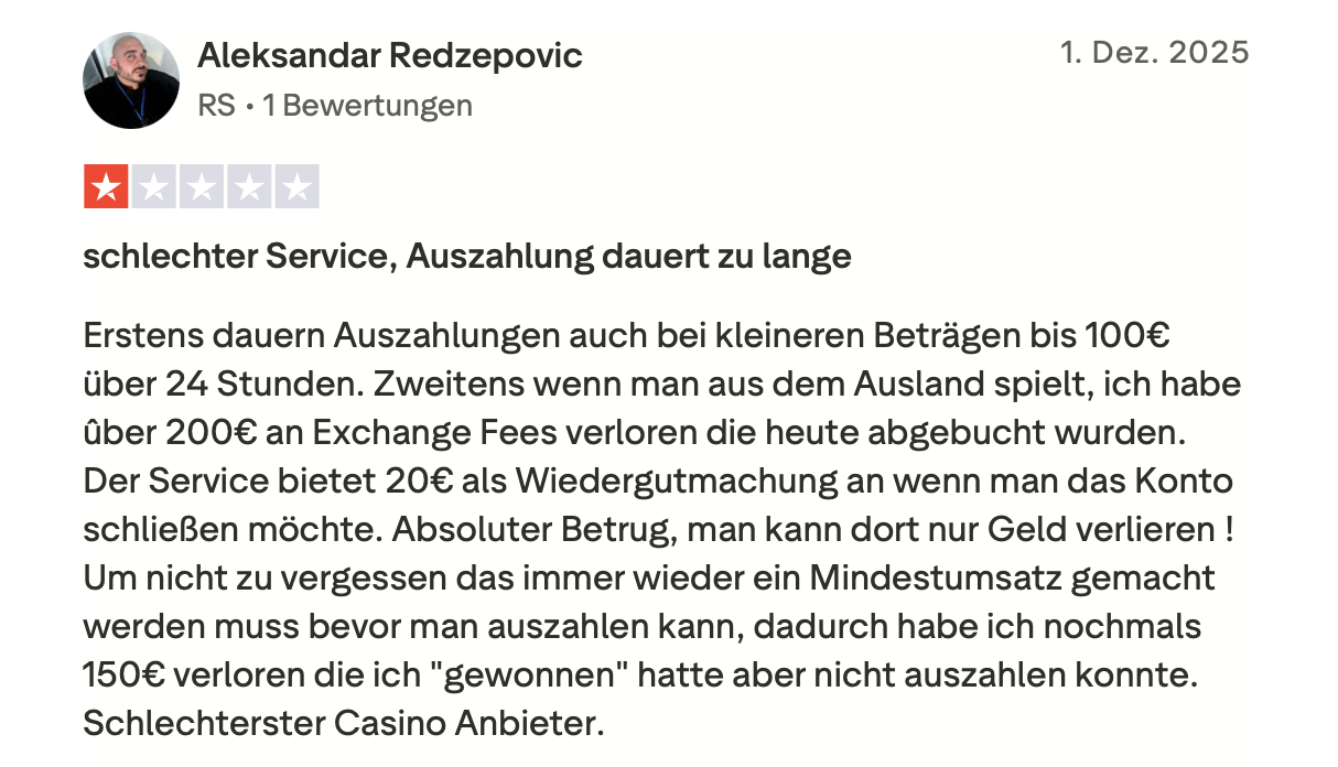 Roulettino Casino Bewertung auf Trustpilot – Kritik an Auszahlungen Kritische Trustpilot Bewertung von Roulettino Casino mit einem Stern